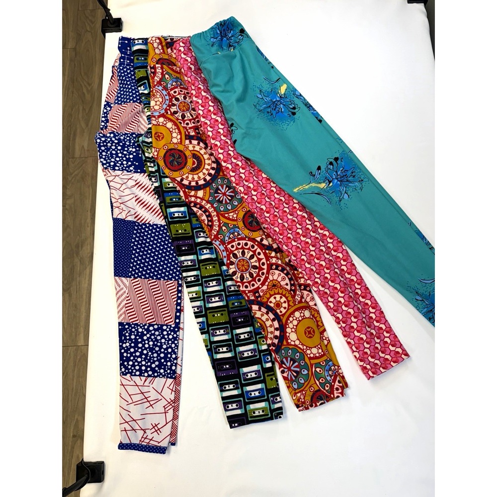 LuLaRoe Leggings Lot 5pc OS One Size Cassette Tape Mandala Geometric Flowers